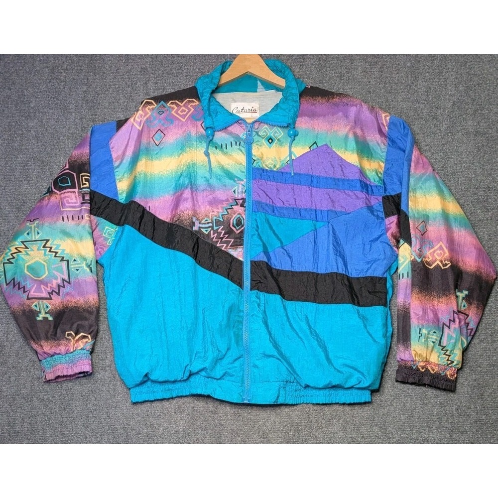 Vintage Cataria‎ Kylon Jacket Women's Large Teal Aztec Southwestern Print